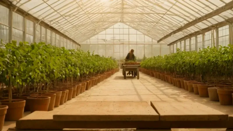 Un trabajador cuida plantas en un invernadero
