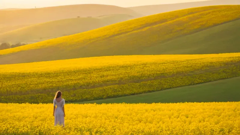 Mujer en un mar de flores doradas