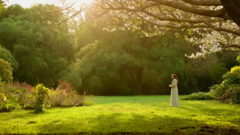 Mujer admirando flores en un claro luminoso