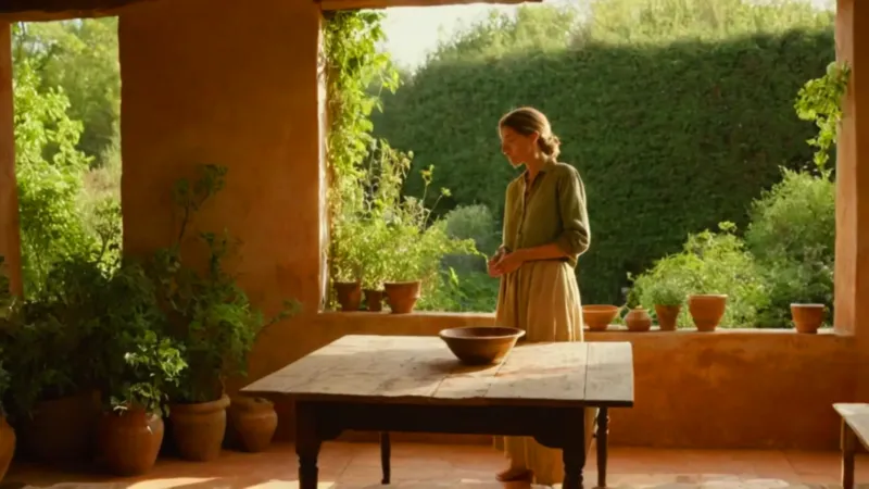 Figura preparando hojas bajo el sol