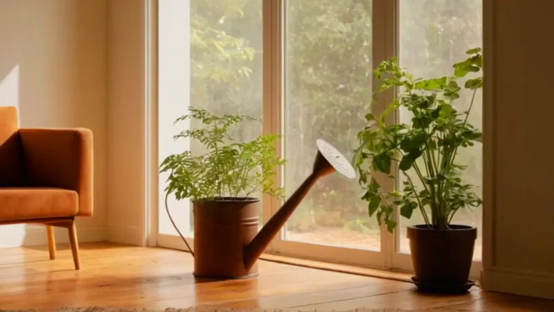Alguien riega una planta en un cuarto soleado