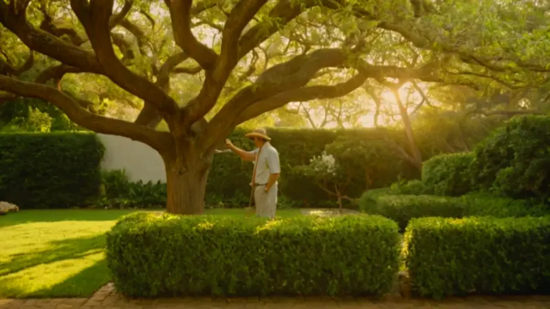 Un jardinero contempla un árbol en su jardín