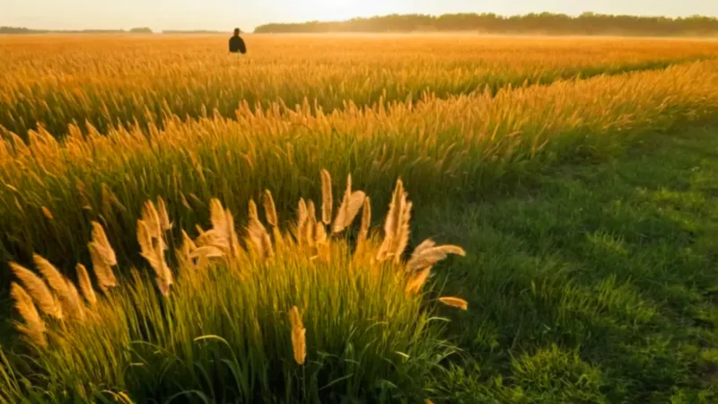 Alguien inspecciona el cultivo en campo dorado
