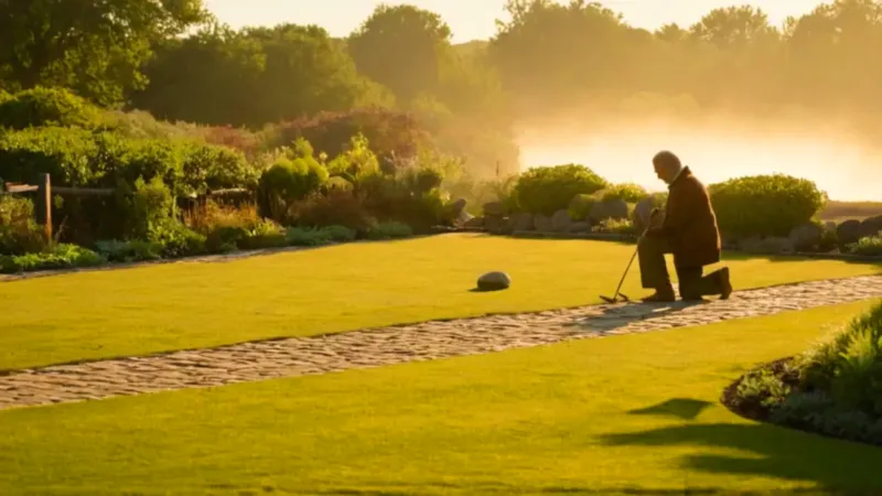 Una figura deshierba el jardín al atardecer