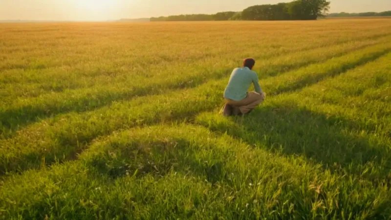 Una figura arrodillada en un campo soleado