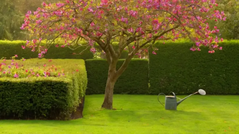 Una persona cuida un árbol en flor