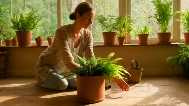 Una mujer cuida plantas en un invernadero