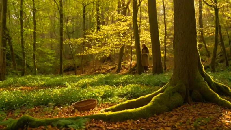 Figura recolectando plantas en el bosque iluminado