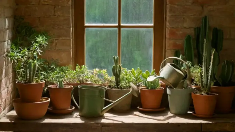 Un jardinero cuida una planta con luz