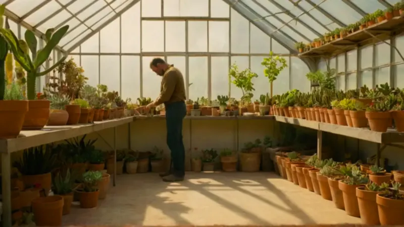 Persona cuidando plantas en un invernadero soleado