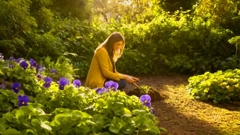 Mujer cuida flores en el atardecer