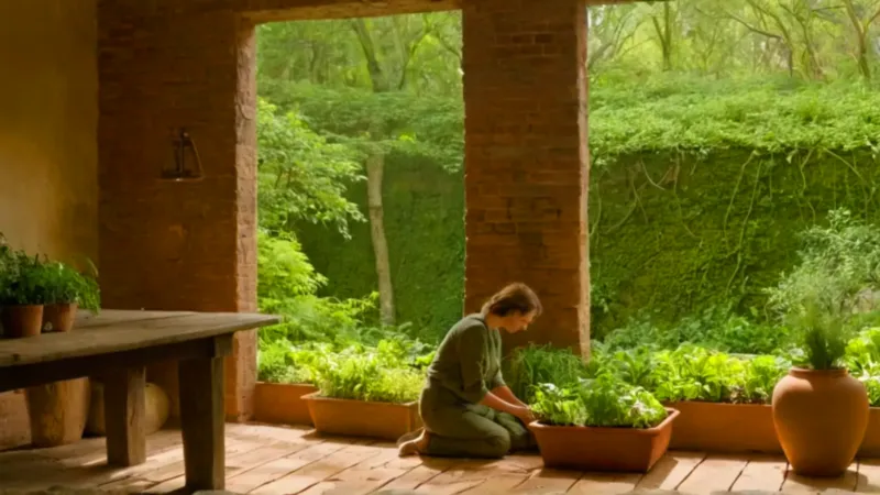 Cultivando plantas en un tranquilo espacio rústico