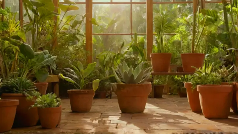 Una persona cuida plantas en un invernadero