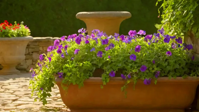 Persona podando flores en la terraza soleada
