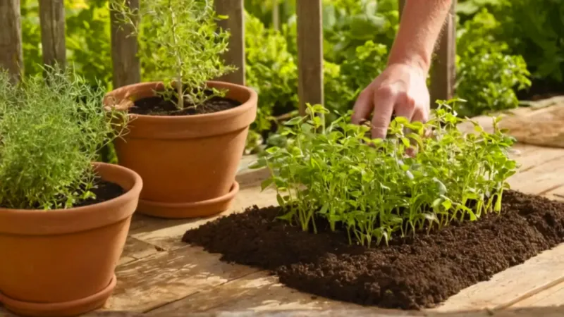Alguien planta un brote en el patio