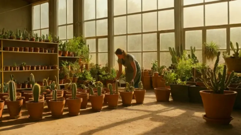 Alguien cuida cactus en un invernadero luminoso