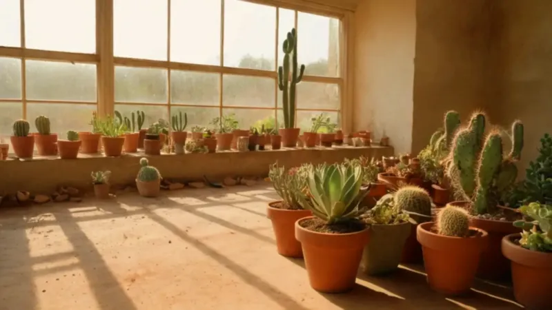 Una persona cuida cactus en un invernadero
