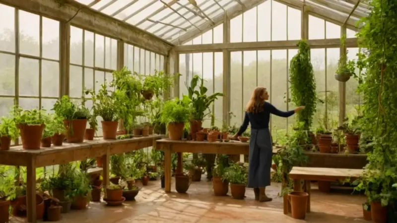 Mujer cuidando plantas en un invernadero luminoso