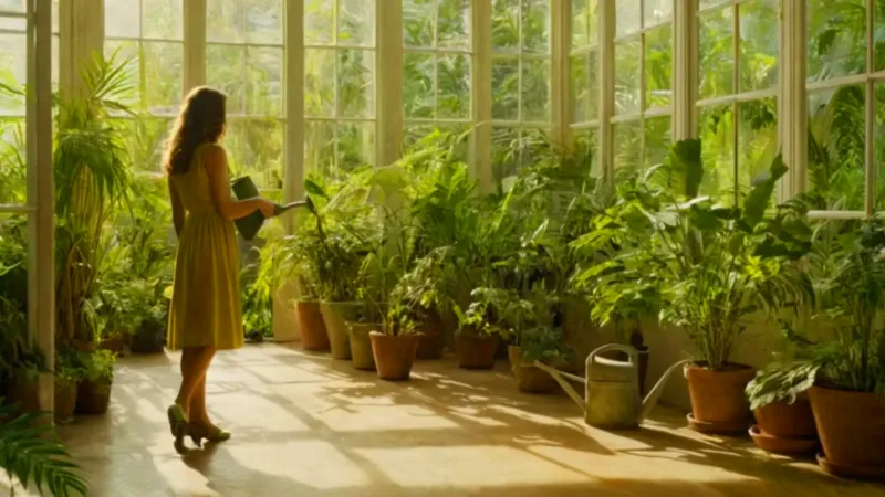 Persona cuidando plantas en un invernadero luminoso
