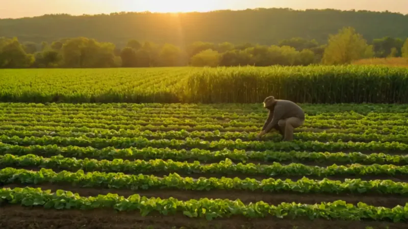 Un agricultor trabaja el campo al atardecer
