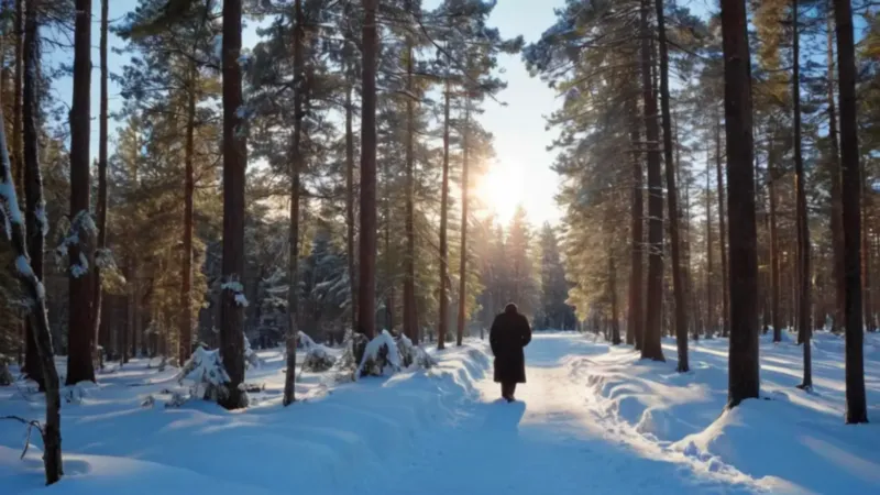 Un caminante solitario en el bosque nevado