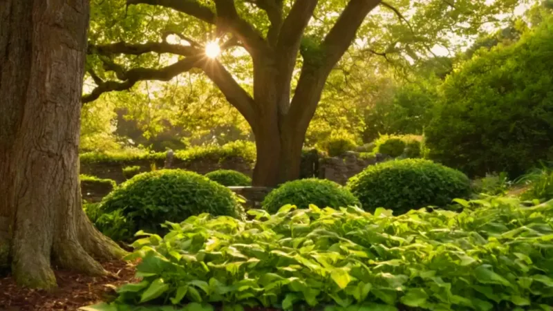 Una figura cuida un jardín frondoso