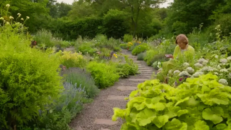 Figura arrodillada en un exuberante jardín