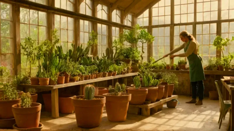 Actividad tranquila en un invernadero iluminado