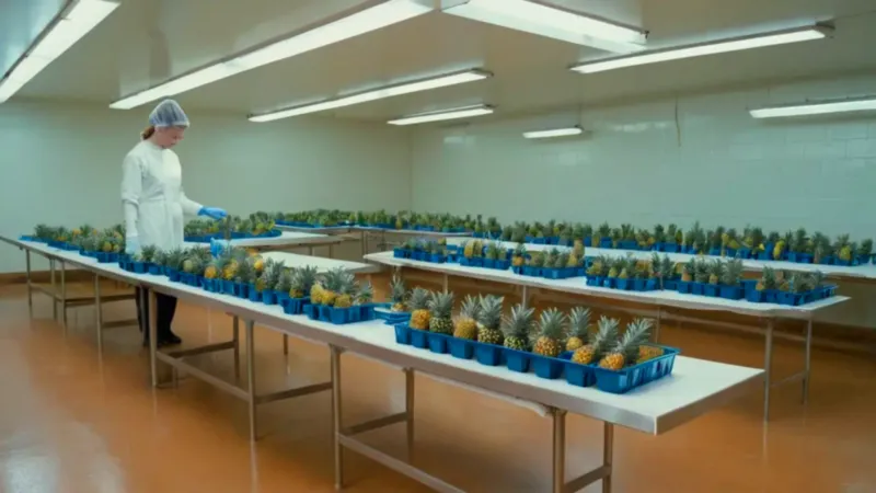 Un operario procesa piñas en una planta