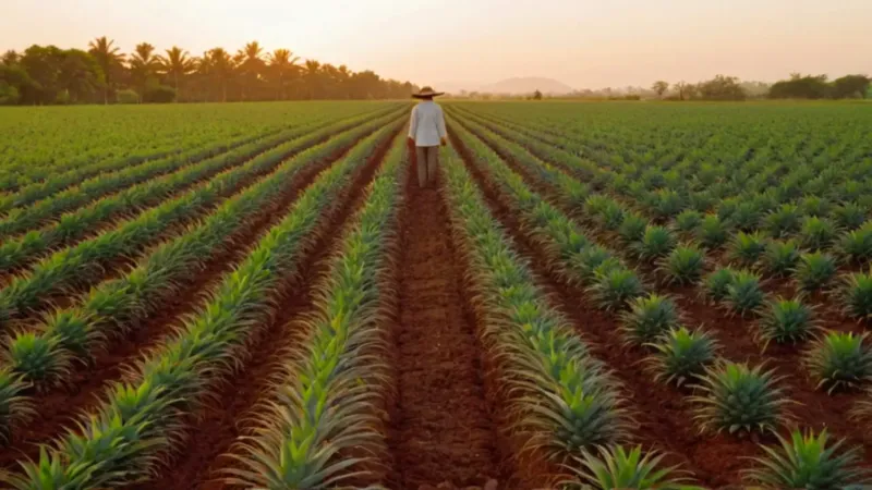 Un agricultor cuida su piñal al atardecer