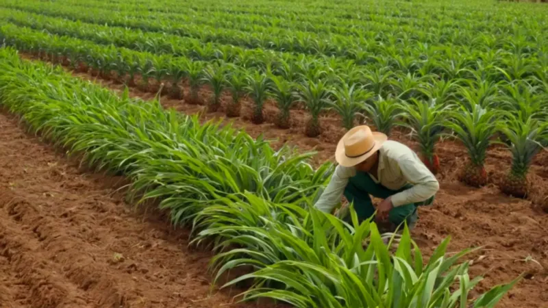 Agricultor revisando su cultivo de piñas rojas