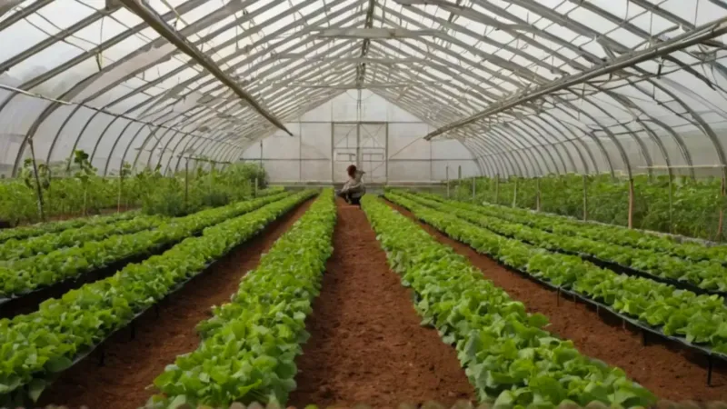 Trabajador cultiva frutos rojos en un invernadero