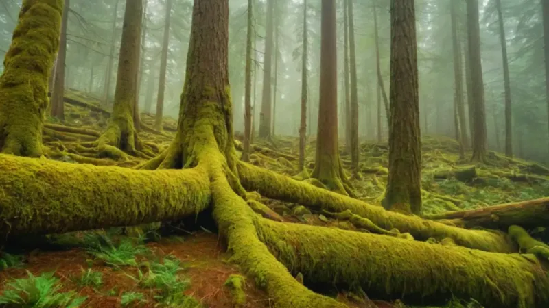 Un denso bosque brumoso con una figura