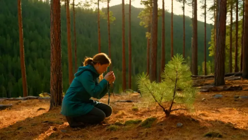 Persona cuidando un joven pino al atardecer