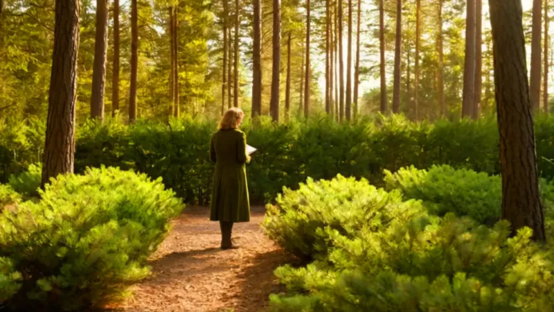Mujer examina un árbol en un vivero