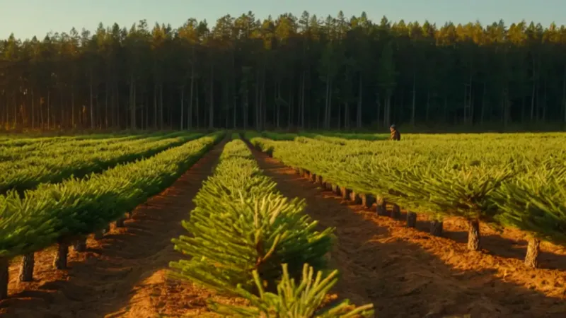 Un trabajador cuida pinos en el vivero