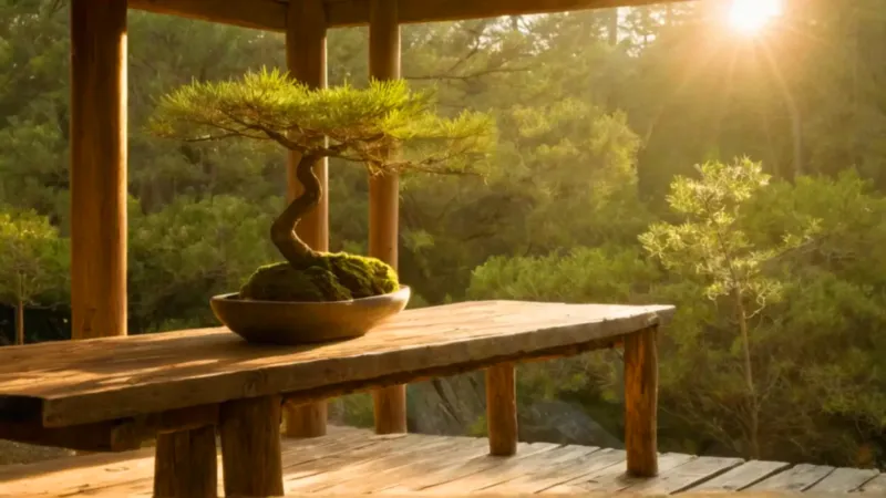 Una figura cuida un bonsái al atardecer