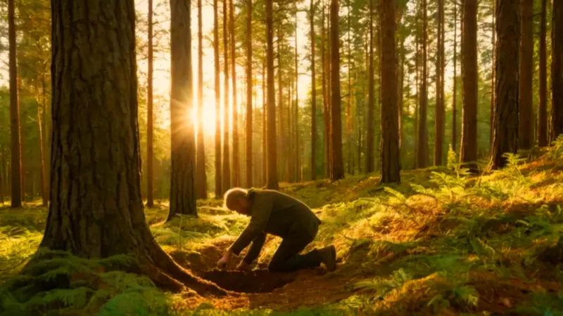 Plantando un pino en el bosque