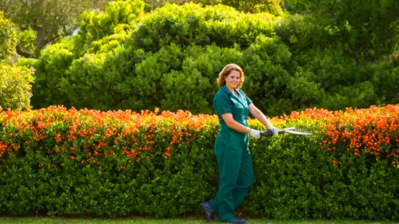 Un jardinero poda un frondoso arbusto
