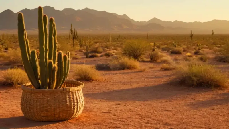 Un hombre cosecha pitayas en el atardecer