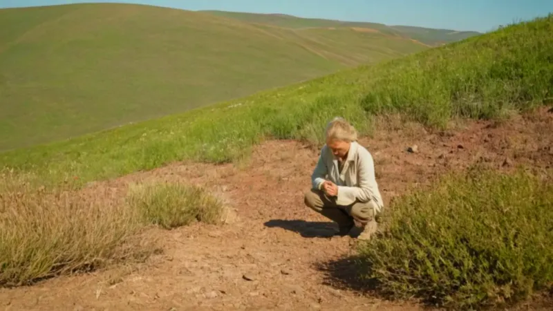 Persona recolecta plantas en la ladera