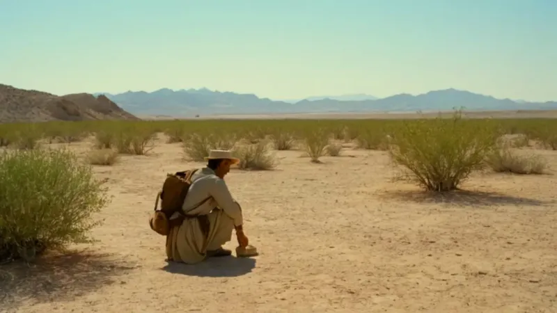 Una figura recolecta en la tierra árida