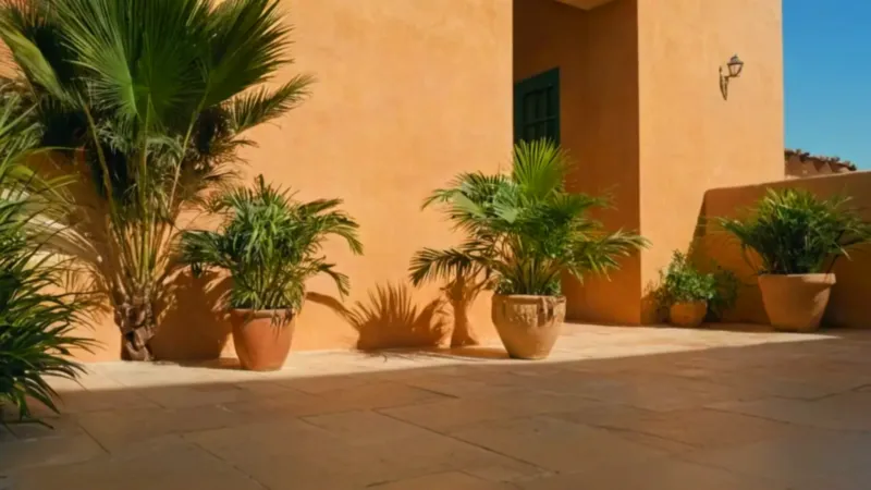 Una figura cuida una palmera en un patio