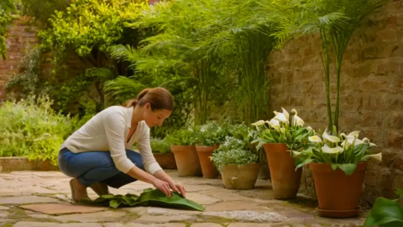 Mujer cuida una planta en el jardín
