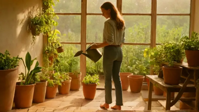 Mujer atendiendo plantas en un invernadero dorado