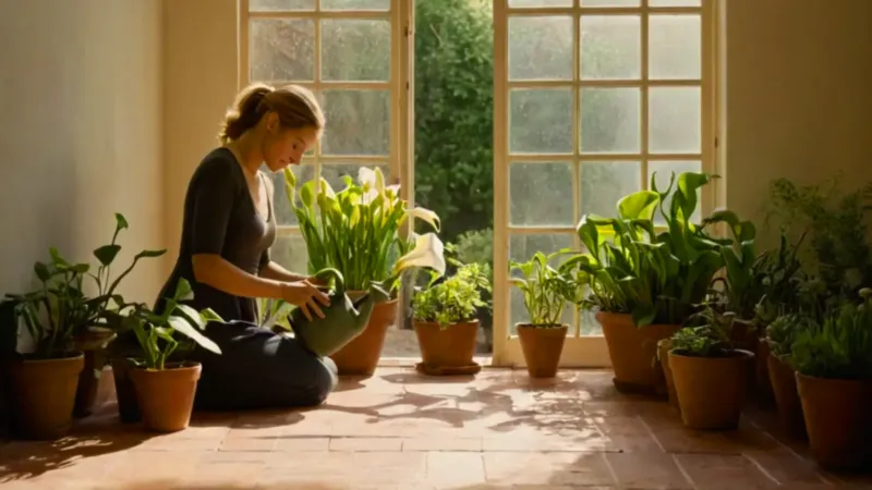 Una mujer cuida sus plantas al sol