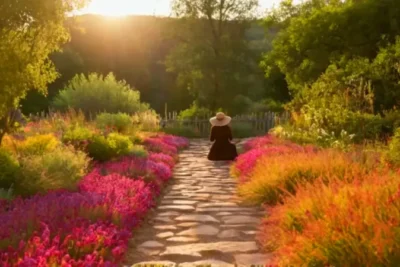 Figura cuidando flores en un jardín soleado