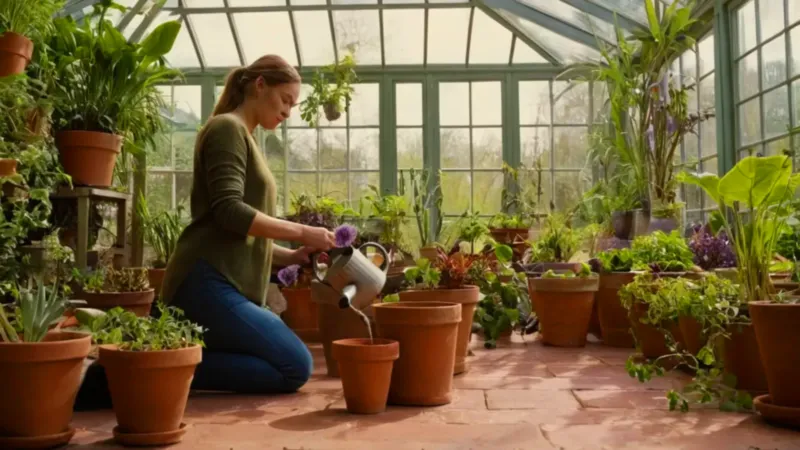 Cuidando plantas en un invernadero soleado