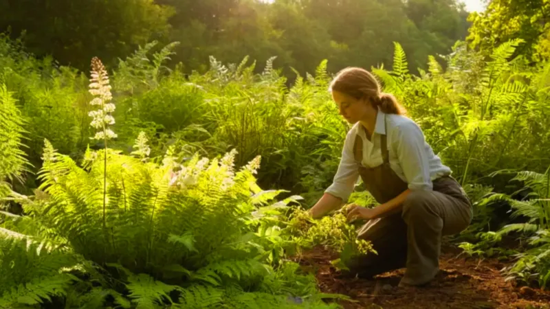 Un jardinero trabaja en su jardín dorado