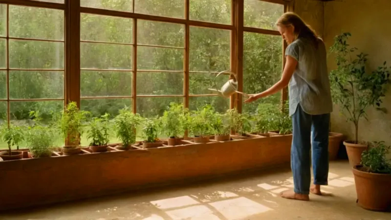 Mujer atendiendo sus plantas en el invernadero